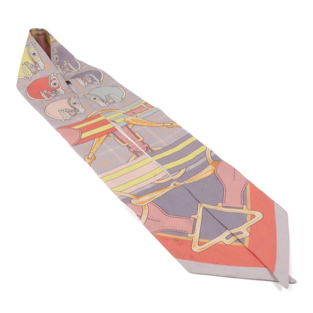 HERMES Twilly Scarf Scarves Silk Gray Orange Yellow - Picture 5 of 10